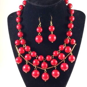 Women's Stunning Gold tone Burgundy Cascade Beaded Necklace - matching Earrings